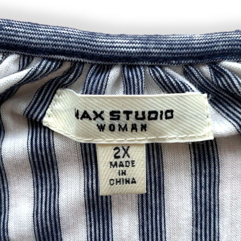 MAX STUDIO Shirred Flowy Blouse Pinstriped Off Shoulder Chic Top Soft Gray 2X - Picture 7 of 9